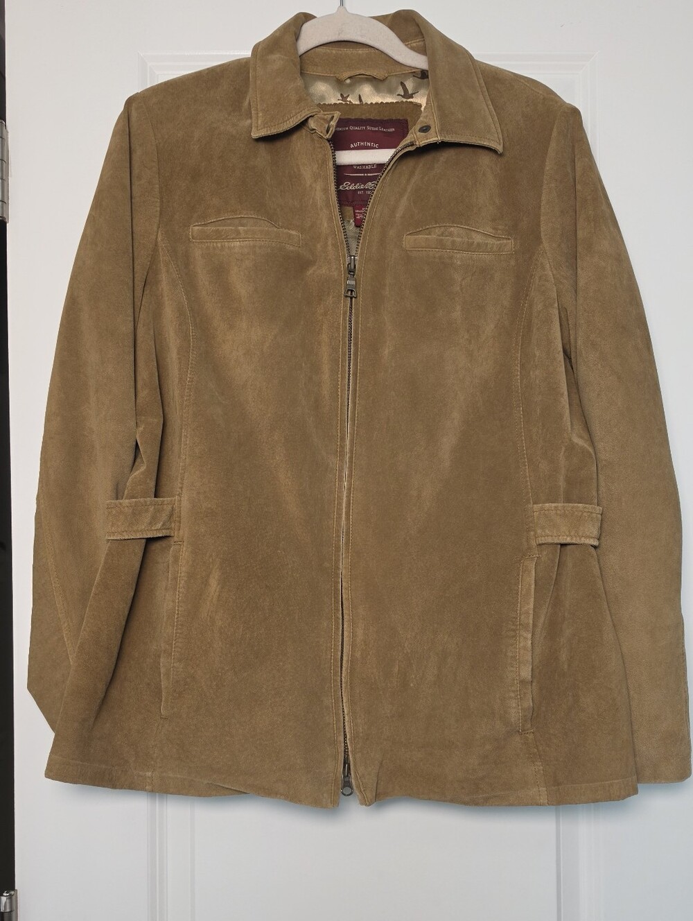 Eddie Bauer Seattle Suede Leather Jacket L Tan Brown Safari Field Coat - Picture 2 of 13